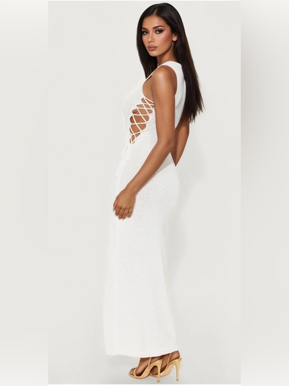 Sleeveless White Lace-Up Side Maxi Dress